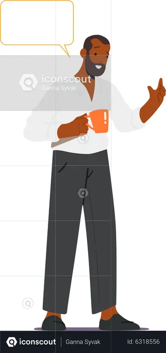 Black Man Stand with Cup and Speech Bubble  Illustration