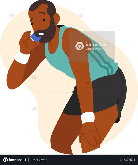 Black man using inhaler due to asthma attack.  Illustration