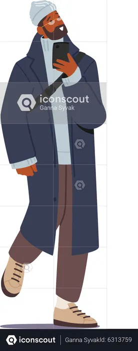 Black Man With Smartphone Wear Long Warm Coat And Knit Hat  Illustration