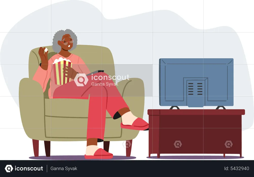 Black Senior Woman eating popcorn with Watching Tv  Illustration