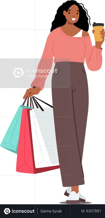 Black Shopaholic Girl with Coffee Cup and Purchases in Bags  Illustration