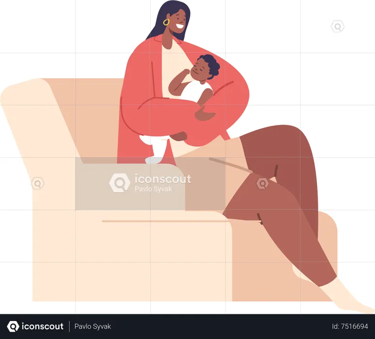 Black Woman with Newborn baby and Seated On Comfortable Armchair  Illustration
