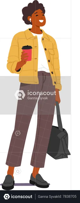 Black Young Woman holding coffee cup and bag  Illustration