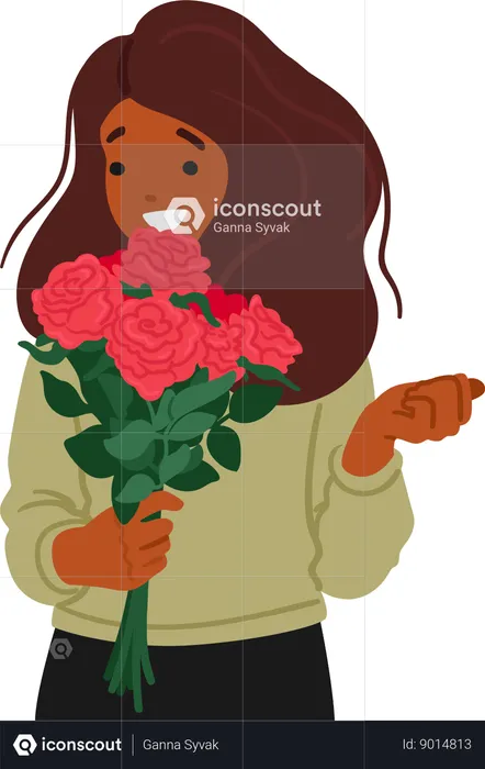 Black Young Woman with Bouquet Of Red Roses  Illustration