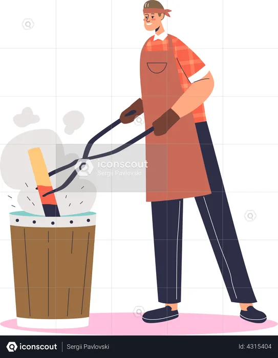 Blacksmith master putting hot metal material from furnace in cold water  Illustration