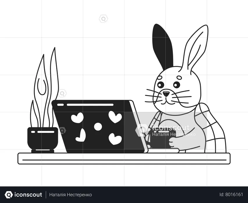 Blanket covered rabbit near laptop  Illustration