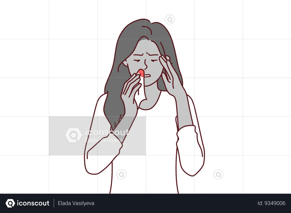 Bleeding from nose of sick woman holding handkerchief caused by high intracranial pressure  Illustration