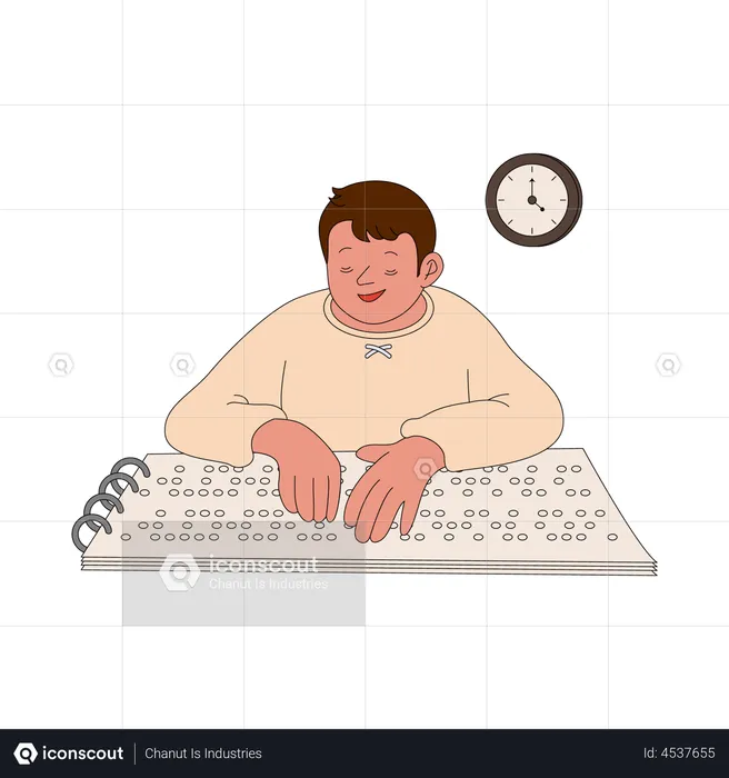 Blind boy reading braille code  Illustration