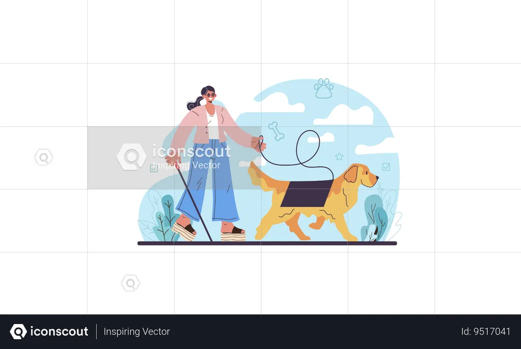 Blind girl assisted by her pet dog  Illustration