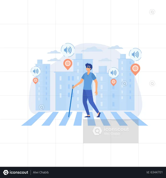Blind man crossing the street with smart tags and voice notifications around  Illustration