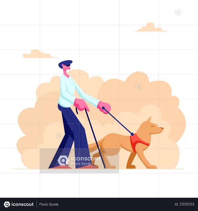 Blind Man Walking with Guide Dog  Illustration