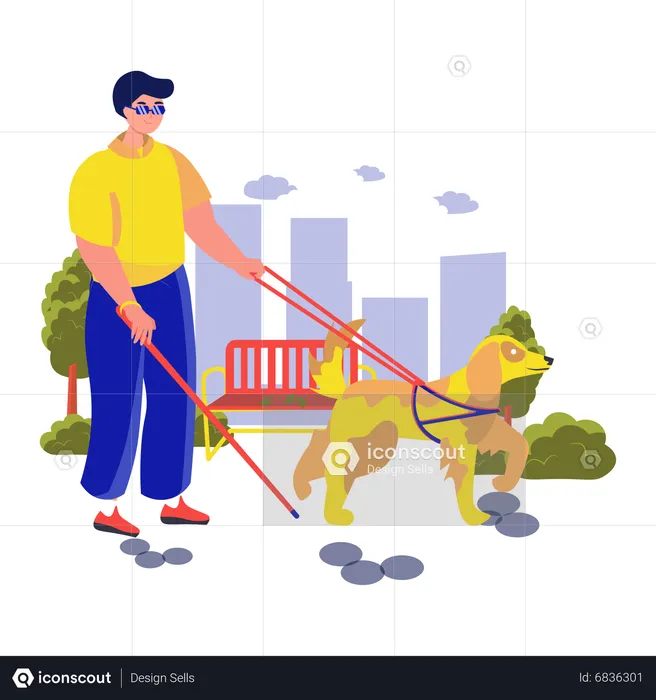 Blind man walking with guide dog at street  Illustration