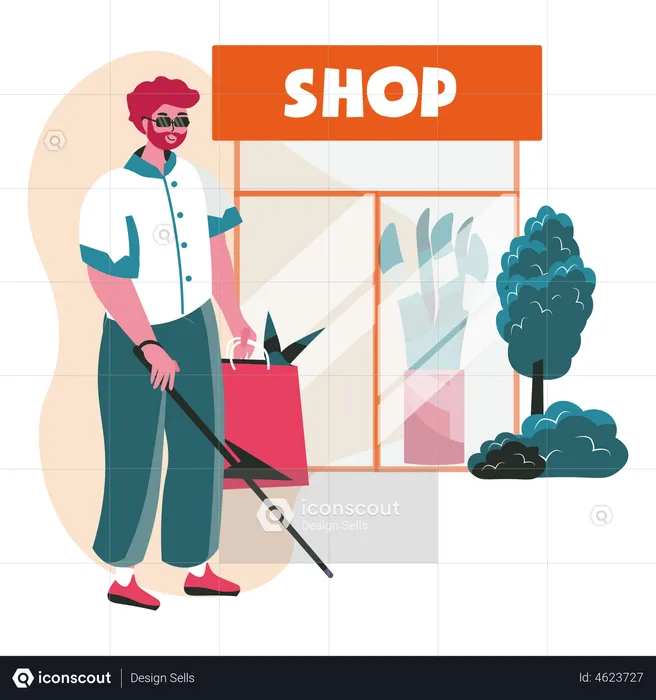 Blind man with bag doing shopping  Illustration
