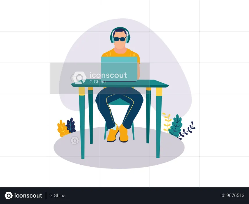 Blind man working with laptop  Illustration