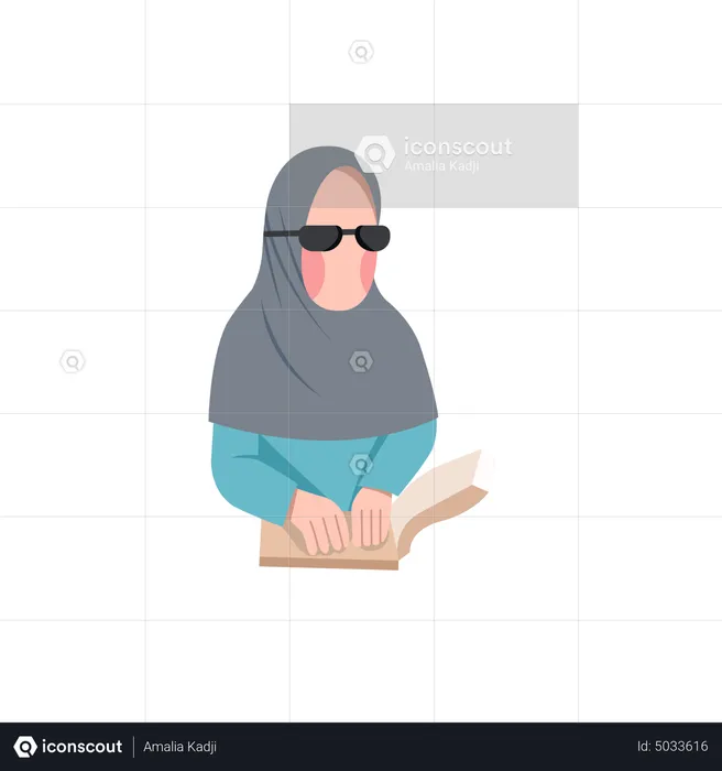 Blind Muslim Woman Reading Braille Book  Illustration