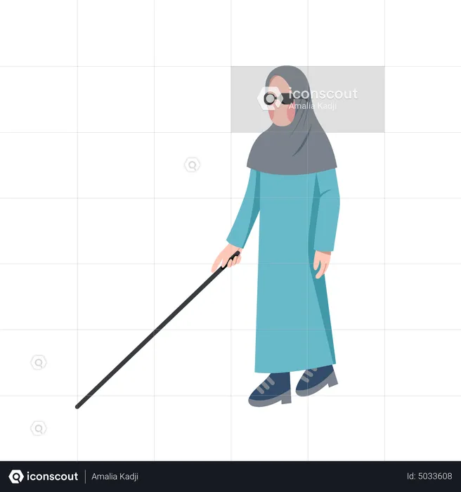 Blind Muslim Woman Walking With Long Cane  Illustration