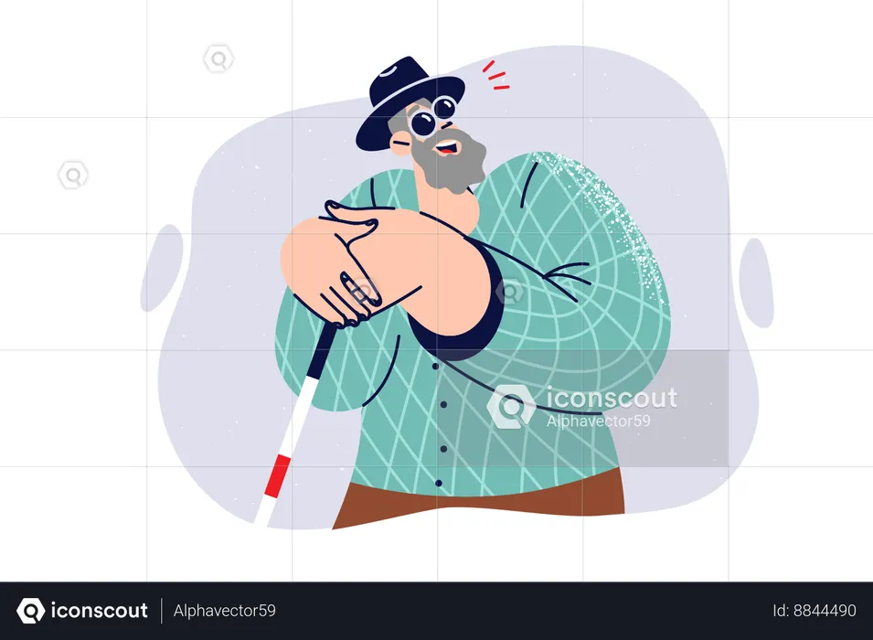 Blind old man in sunglasses smiles and holds cane enjoying health problems  Illustration