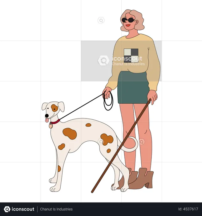 Blind woman walking with pet dog  Illustration