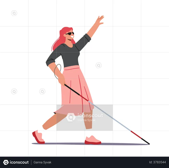 Blind Woman With Cane And Sunglasses Walking Along Street  Illustration