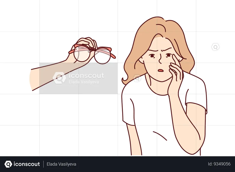 Blind woman with poor vision looks closely at small text standing near hand with glasses  Illustration
