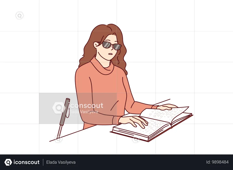 Blinde Frau liest Blindenschriftbuch mithilfe der Literatur für Menschen mit Behinderungen, um neues Wissen zu erlangen  Illustration