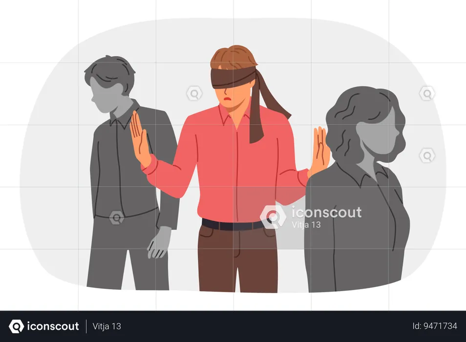 Blindfolded man wanders among colleagues feeling insecure due to lack professional qualifications  Illustration