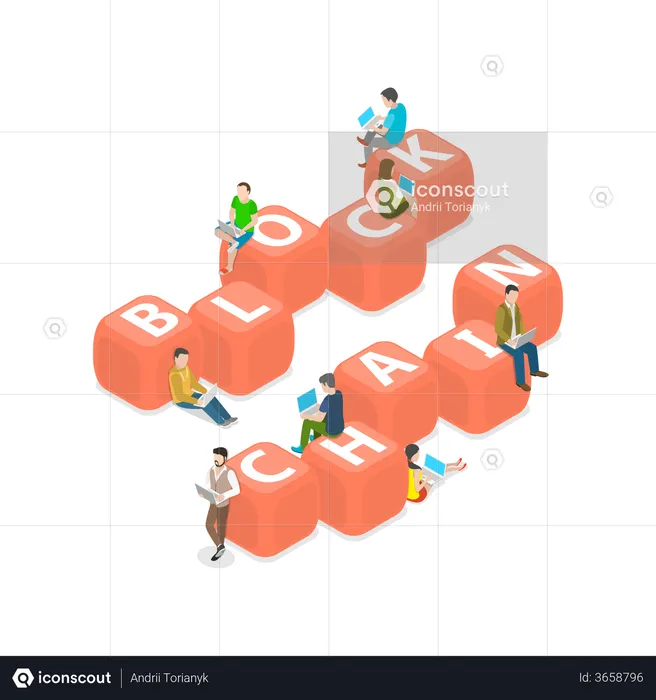 Concept vectoriel isométrique plat blockchain. Les personnes possédant des ordinateurs portables sont assises sur et autour des pâtés de maisons portant les lettres BLOCKCHAIN.  Illustration