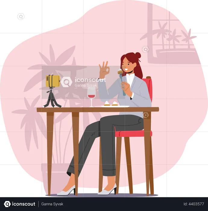 Blogger Woman Trying Food and Making Review  Illustration