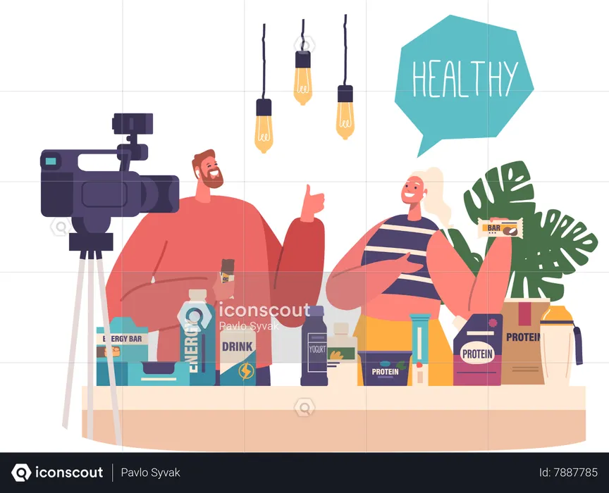 Bloggers Couple Characters Promotes Sports Nutrition Products On Camera  Illustration