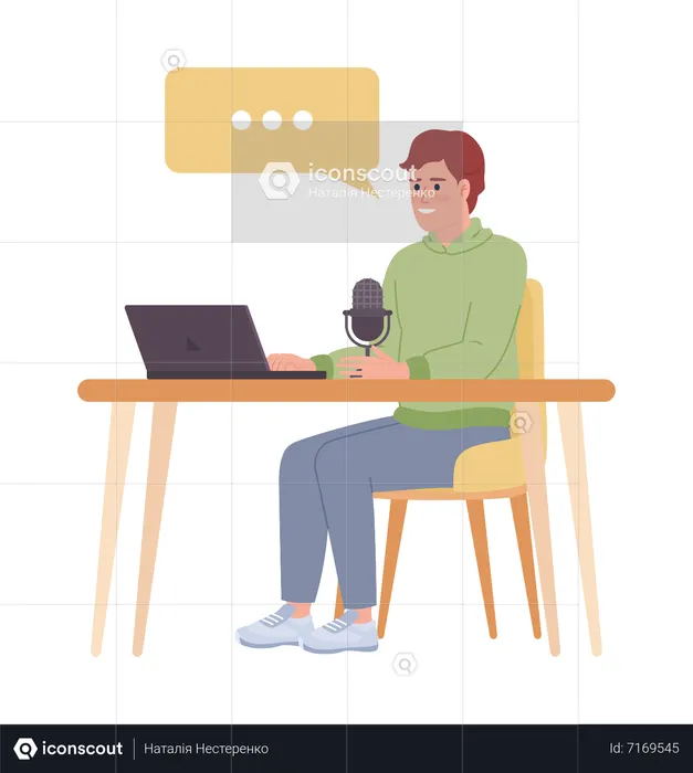 Blogueur masculin avec ordinateur portable et microphone  Illustration