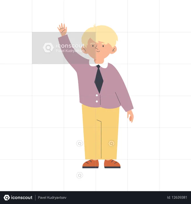 Blonde boy student wearing tie wave hello or raising hand to answer a question  Illustration
