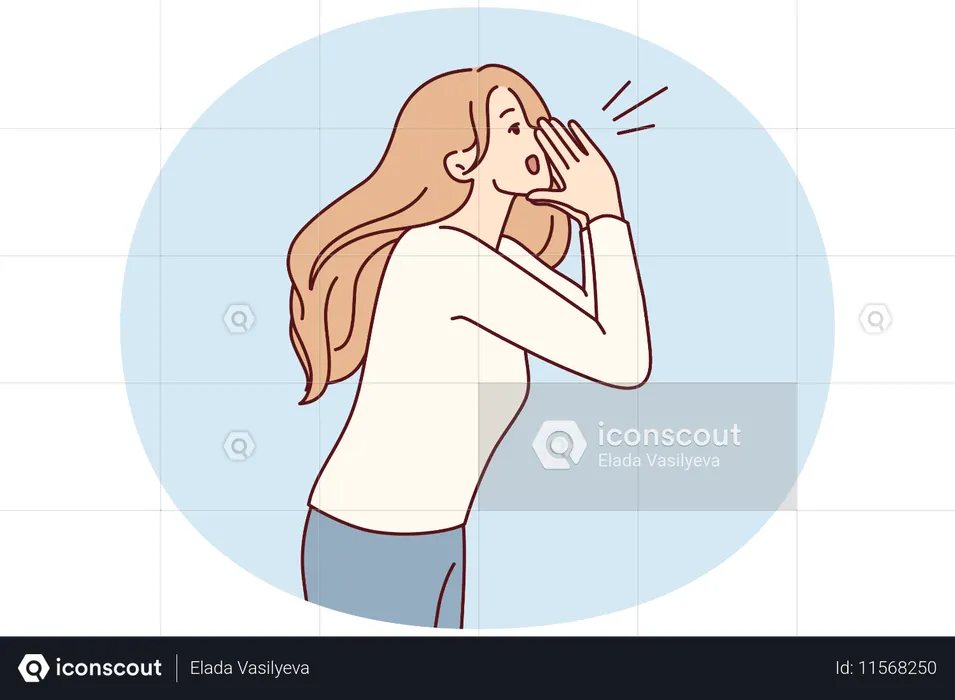 金髪の女性が口に手を当てて叫びながら、みんなにプロモーションやセールを勧めている  イラスト