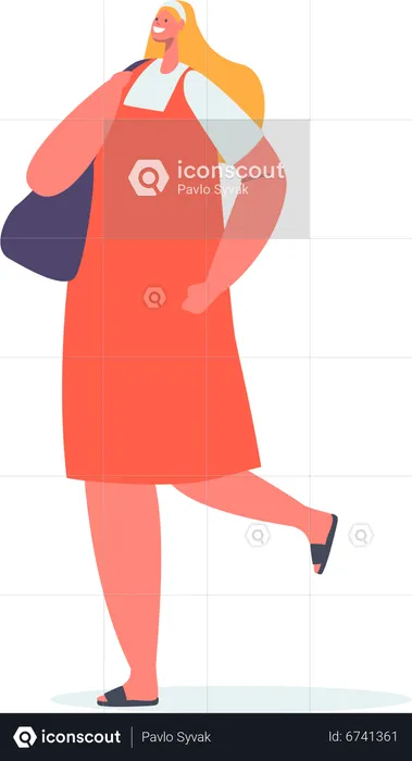 Blonde Woman Walk in Red Dress with Handbag  Illustration