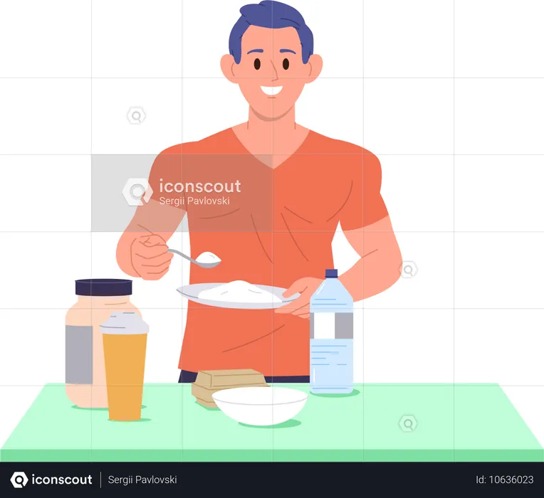 Bodybuilder athlete cooking sports food mixing protein powder cocktail  Illustration