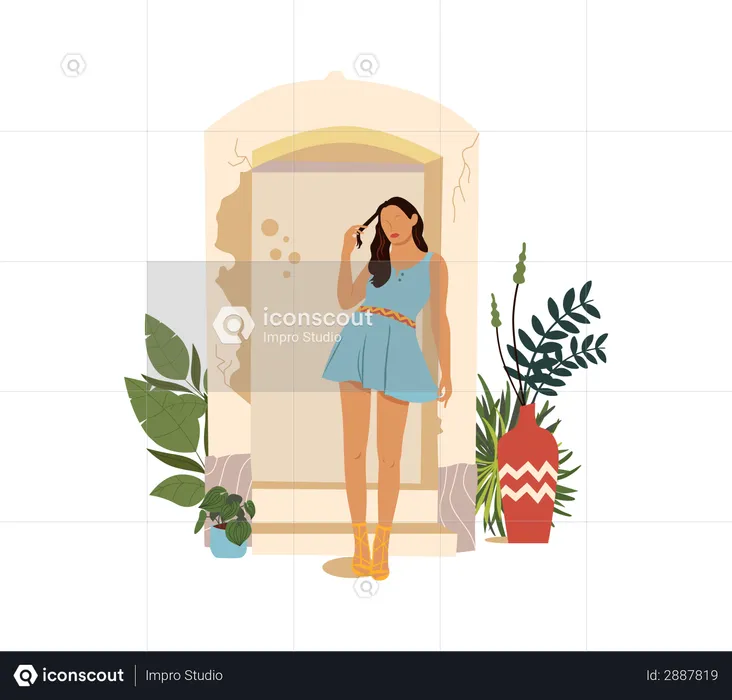 Bohemian girl standing near wall  Illustration