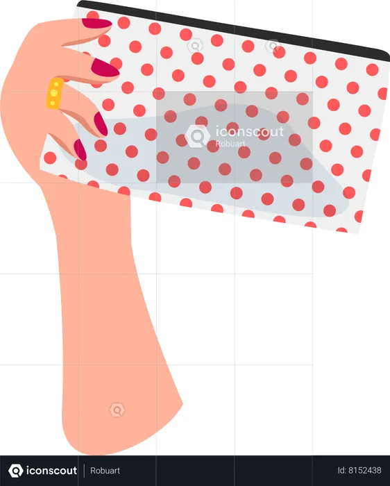 Mão feminina segurando bolsa cosmética pontilhada  Ilustração