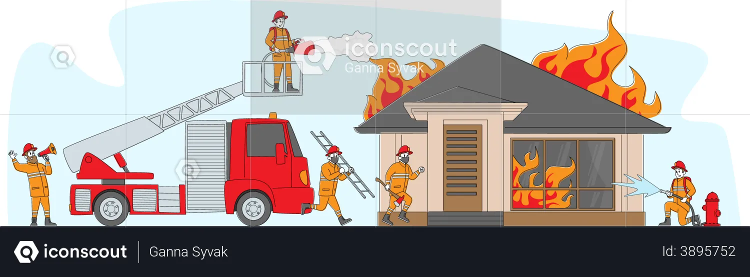 Bombeiro trabalhando em um local de emergência de incêndio  Ilustração