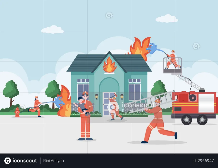 Bombeiros ajudando pessoas  Ilustração