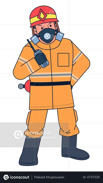 Bombero sosteniendo walkie talkie  Ilustración