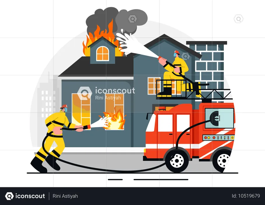 Bomberos salvando a gente de morir  Ilustración