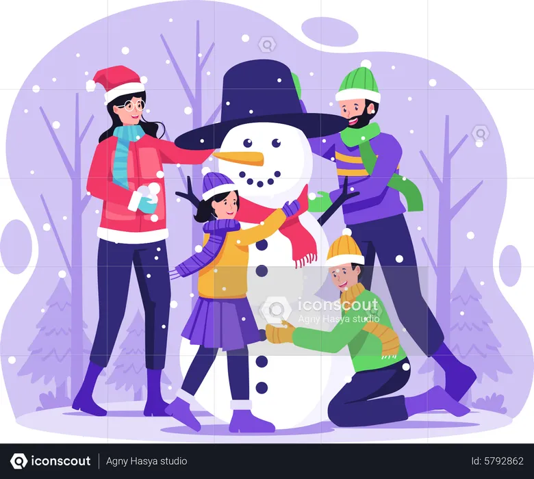 Família feliz construindo boneco de neve  Ilustração