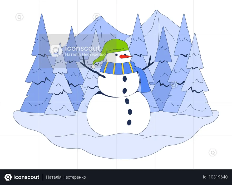 Boneco de neve fofo em meio a montanhas nevadas  Ilustração