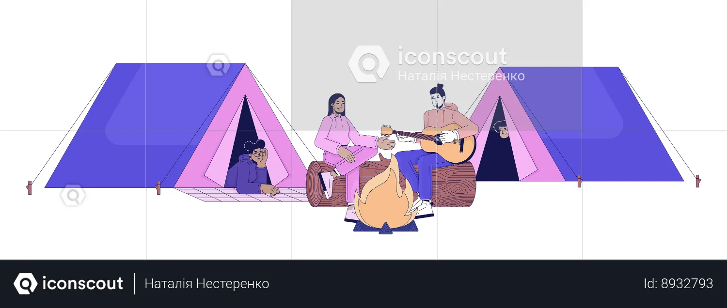 Bonfire friends camping tents  Illustration