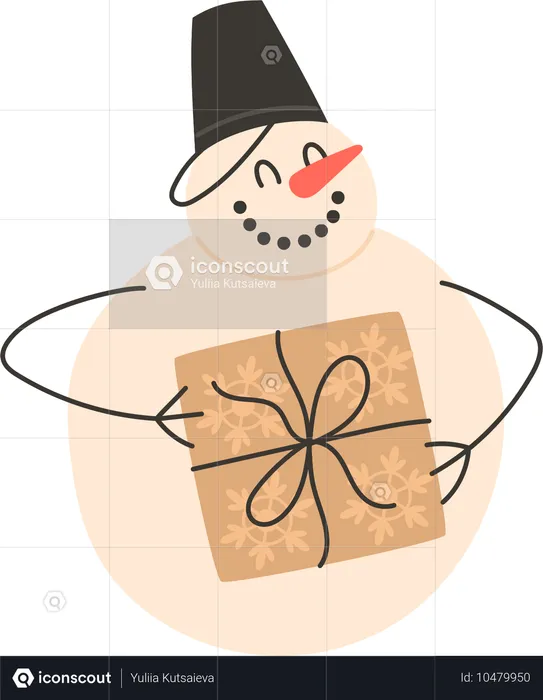 Bonhomme de neige avec un seau sur la tête et un cadeau dans les mains  Illustration