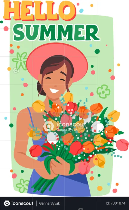 Bonjour affiche d'été avec une jeune femme souriante tient des fleurs d'été  Illustration