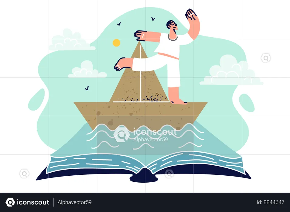 Book about sea travel with man standing on ship  Illustration