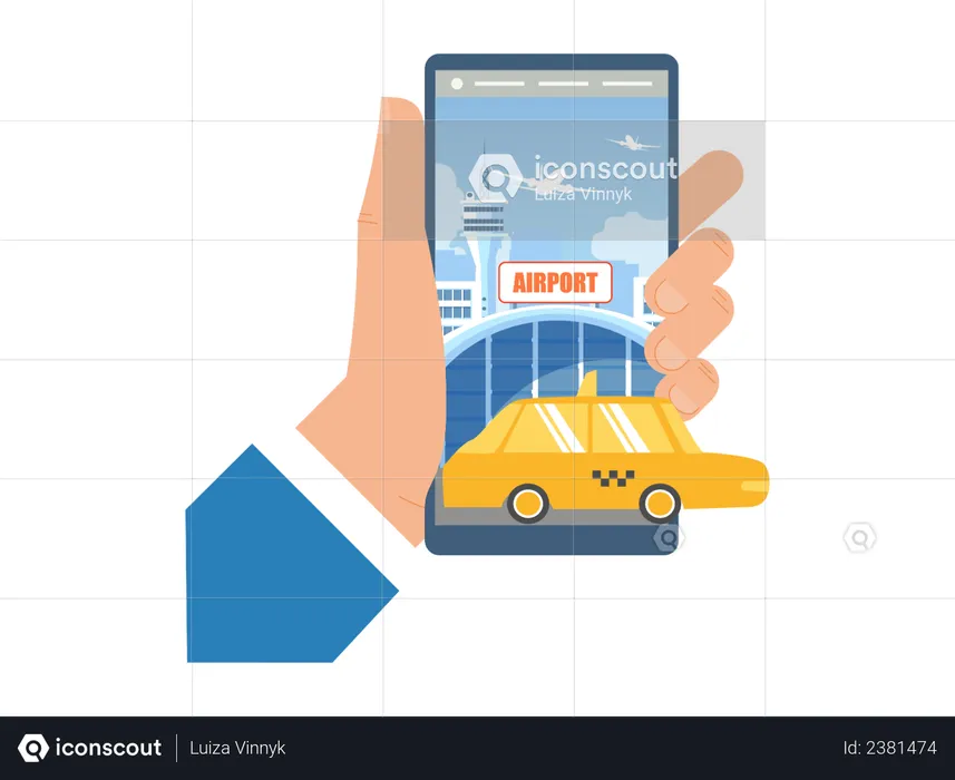 Booking Taxi for Airport Transfer with Mobile Phone  Illustration