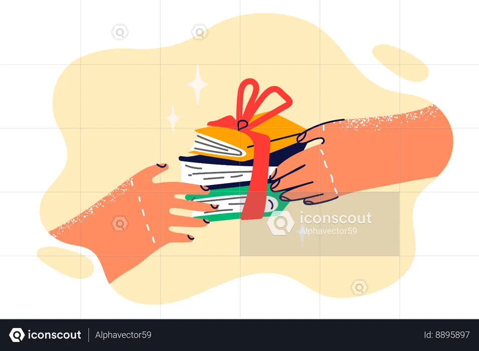 Books with gift ribbon in hands of person symbolize prize to student for winning Olympiad  Illustration
