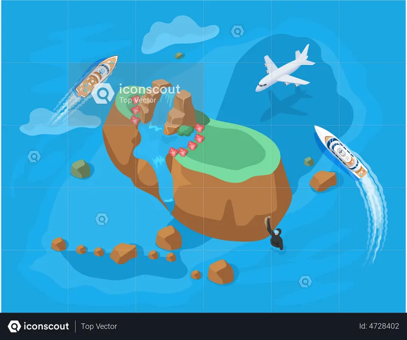 Boot segeln in der Nähe einer tropischen Insel  Illustration