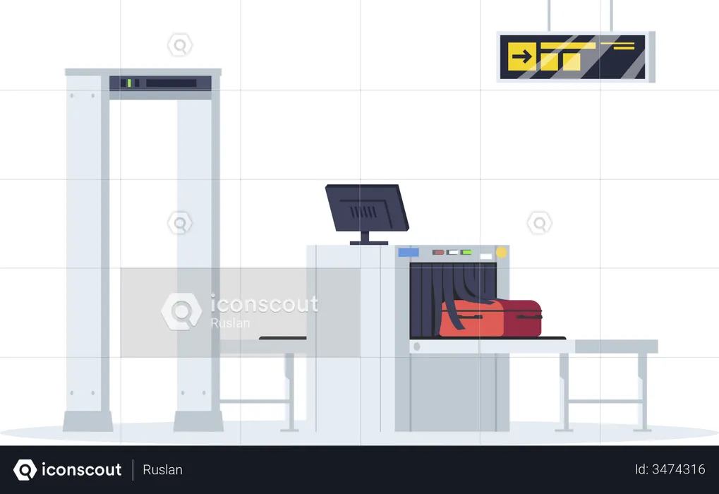 Border control semi flat RGB color vector illustration. Security check equipment for airport terminal. Baggage check. Luggage conveyor belt isolated cartoon object on white background  Illustration